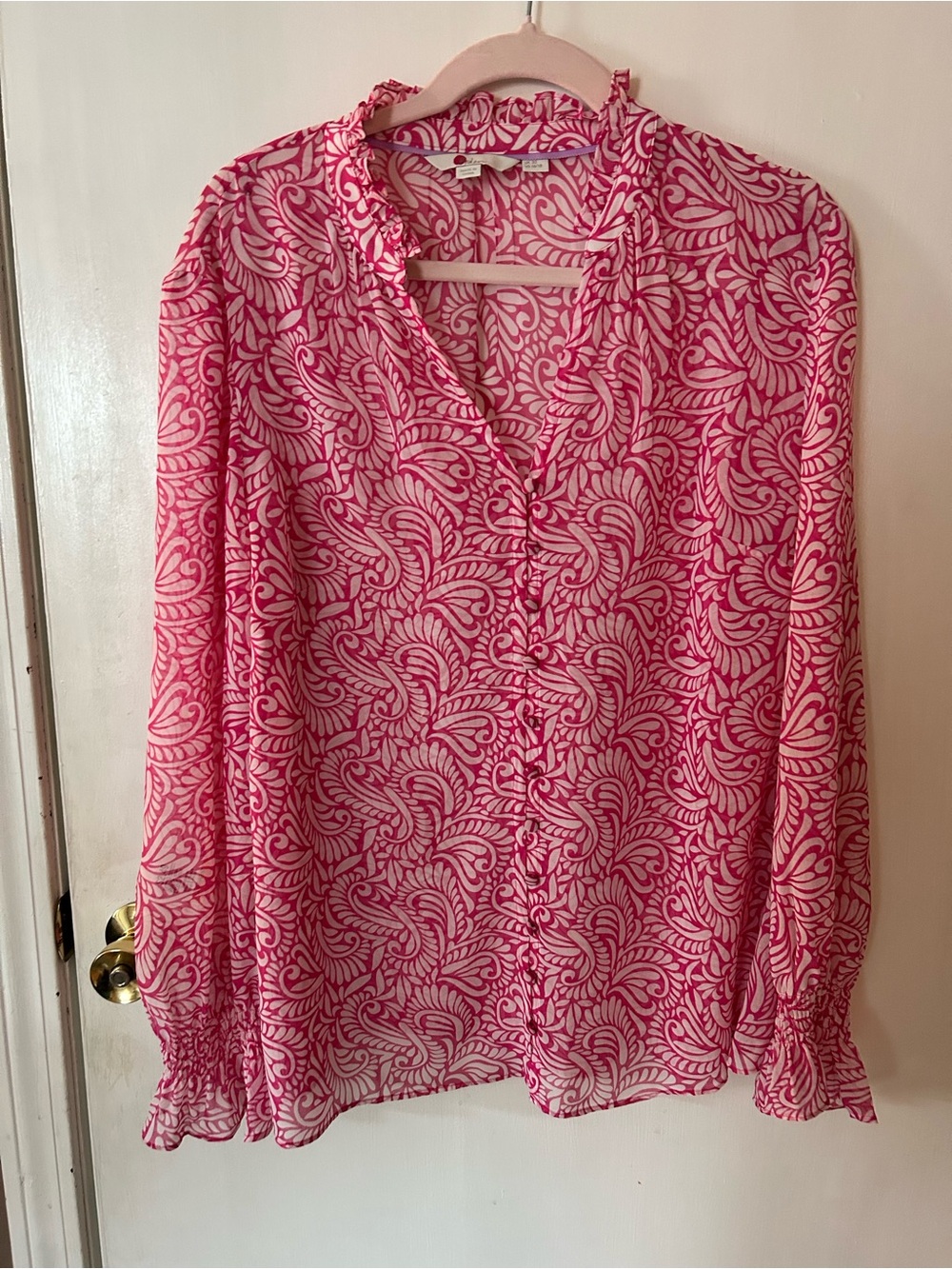 Boden Pink Swirl-Print Ruffle V-Neck Blouse